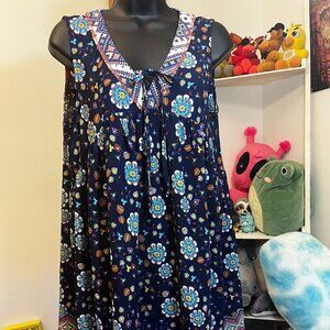 Umgee Boho Floral Sleeveless Shift Dress Women’s Size Small Tie Neck